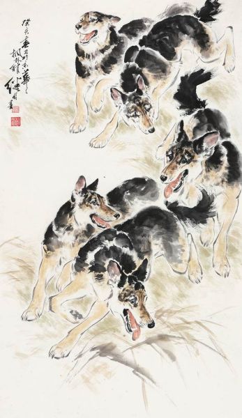 刘继卣(1918-1983) 五犬图 镜心 设色纸本 147×85 cm.展览：《博古通今、丹青刘门—刘奎龄、刘继卣、刘楠祖孙三代展》，保利艺术博物馆，2014年。说明：Lot3650-Lot3669由家属友情提供。RMB: 450,000-650,000