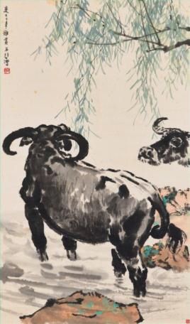 徐悲鸿《水牛涉水》，设色纸本 立轴，129.5 x 76.7 cm. 估价：港元5,000,000-8,000,000／美元645,000-1,033,000