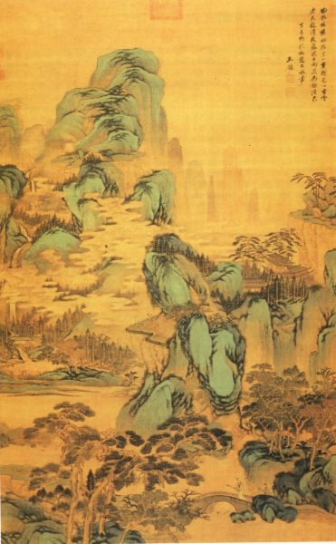  《丁已初秋仿赵文敏笔》   1677年，绢本、设色  160.4×96.4cm  台北故宮博物院藏