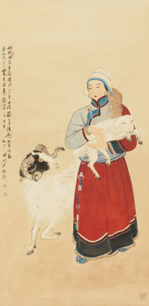 关山月(1912-2000) 牧羊女 纸本镜心 133×65cm 出版：《中国现代名家画集-关山月》P41，人民美术出版社，2004年。 备注：附关山月亲笔书信两封。 