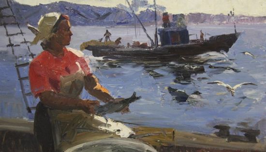 《打渔》 41cm×70cm油画画板 1961年